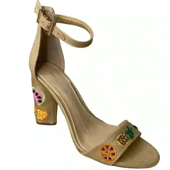 Gianni Bini Joenahtwo Natural Straw Fruit Embellished Block Heel Sandals Summer - Picture 1 of 16
